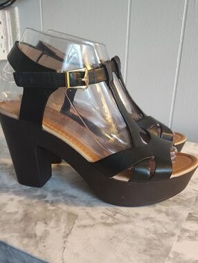 Black T-Strap Platform Sandals with Gold Buckle